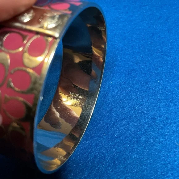 Coach Signature Logo Pink Gold Tone Metal Bangle Bracelet. - Picture 7 of 9